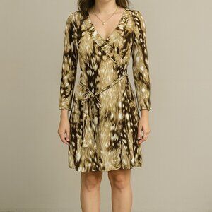 Pamela Dennis Private Client Group Brown Cream Animal Stretch Tie Waist Dress